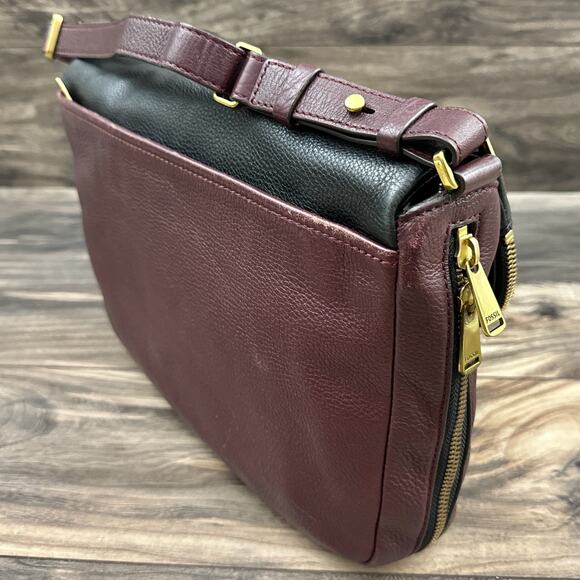 Fossil Leather Zipper Crossbody Shoulder Satchel Saddle Bag Black Burgundy - Picture 11 of 14